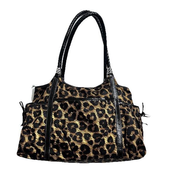 Brighton Handbags - Brighton Leopard Print Satchel Tote Bag Black Patent Trim Woven Handles Filigree